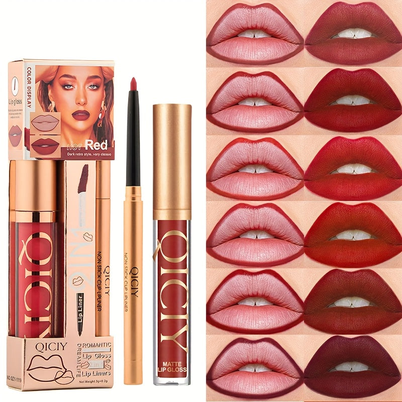 QICIY Lip Gloss Lip & Liner Set Waterproof Matte Easy Coloring Lipstick Set