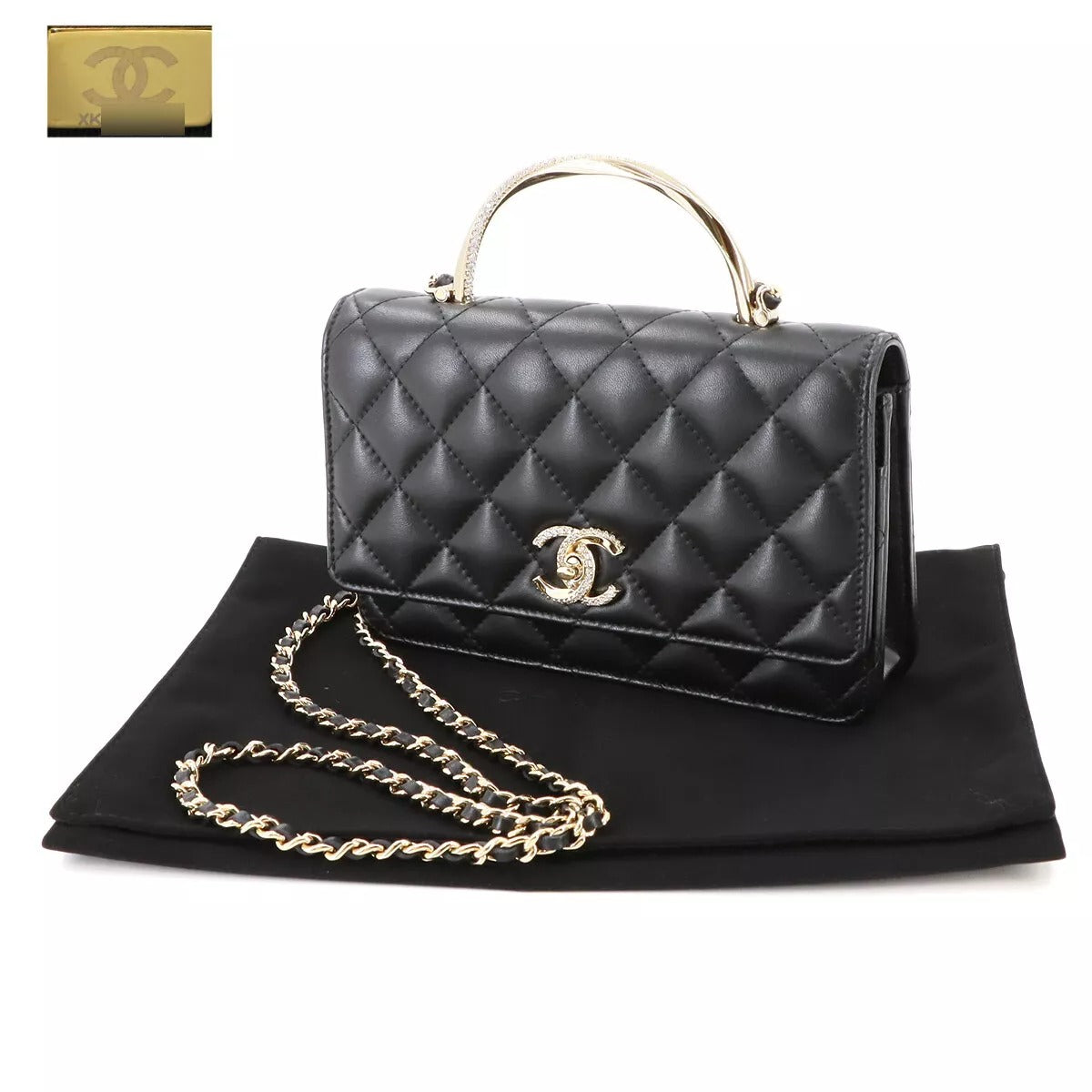 CHANEL Matelassé Chain Wallet Leather Black Rhinestone Bag