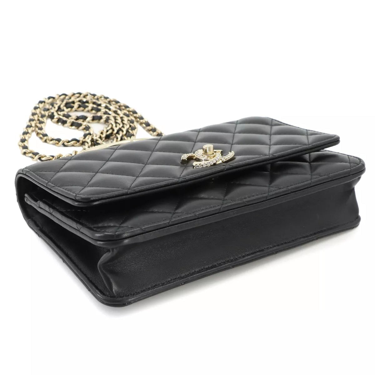 CHANEL Matelassé Chain Wallet Leather Black Rhinestone Bag