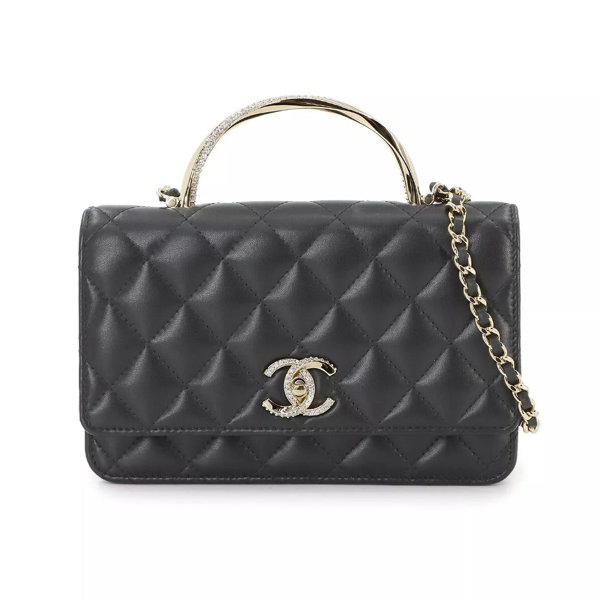 CHANEL Matelassé Chain Wallet Leather Black Rhinestone Bag