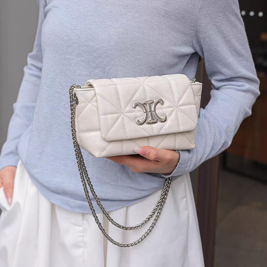 White Vegan Leather Quilted Studded Shoulder Bag