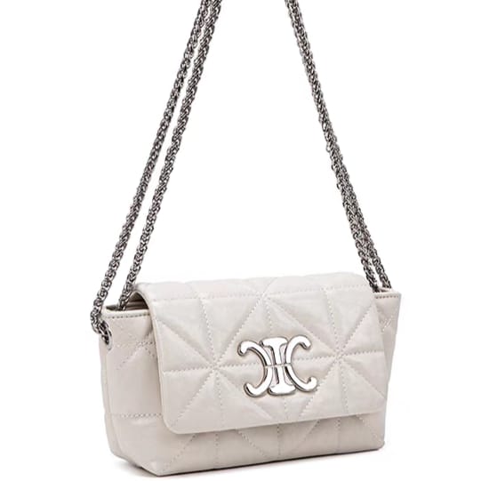 White Vegan Leather Quilted Studded Shoulder Bag