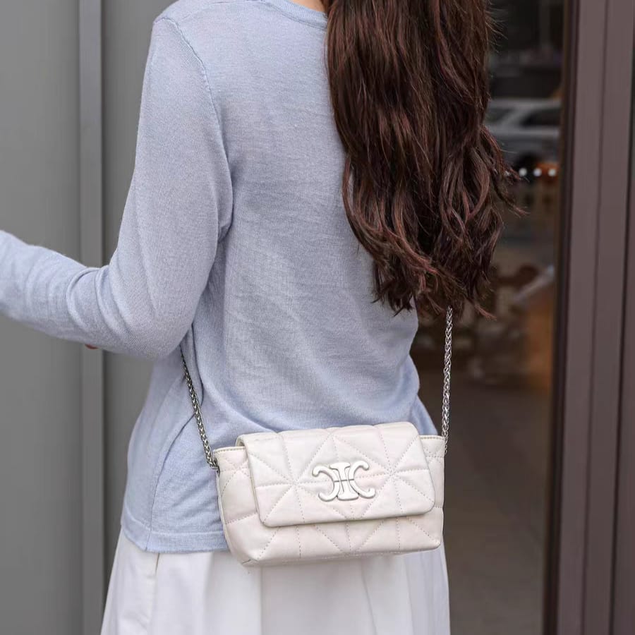 White Vegan Leather Quilted Studded Shoulder Bag