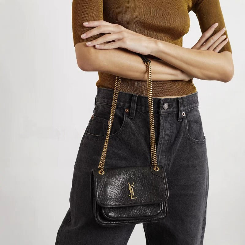 Saint Laurent Black Niki Medium Ysl-Plaque Leather Shoulder Bag
