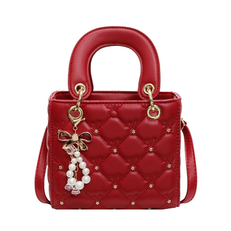 Square Fashion Dia Check Pearl Shoulder Crossbody Bag