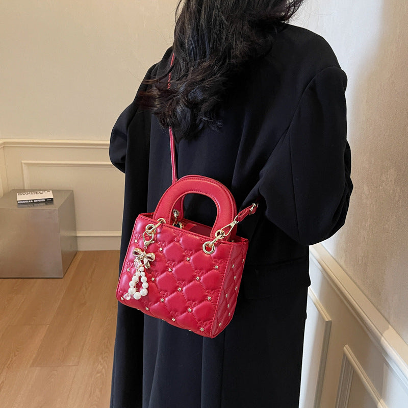 Square Fashion Dia Check Pearl Shoulder Crossbody Bag