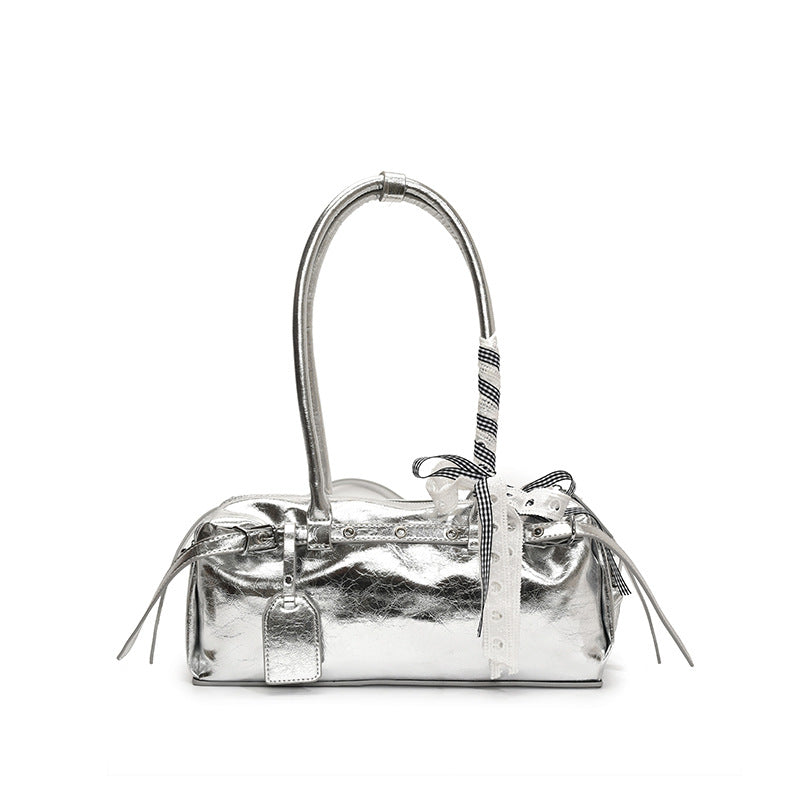 French Stick Solid Color High Quality Silver PU Shoulder Bag