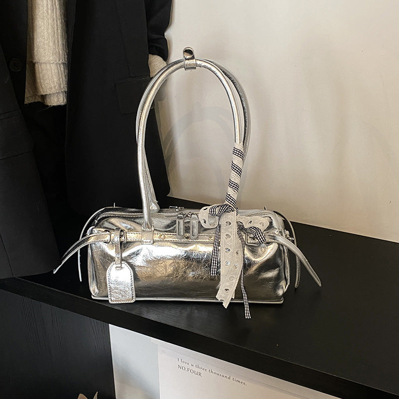 French Stick Solid Color High Quality Silver PU Shoulder Bag