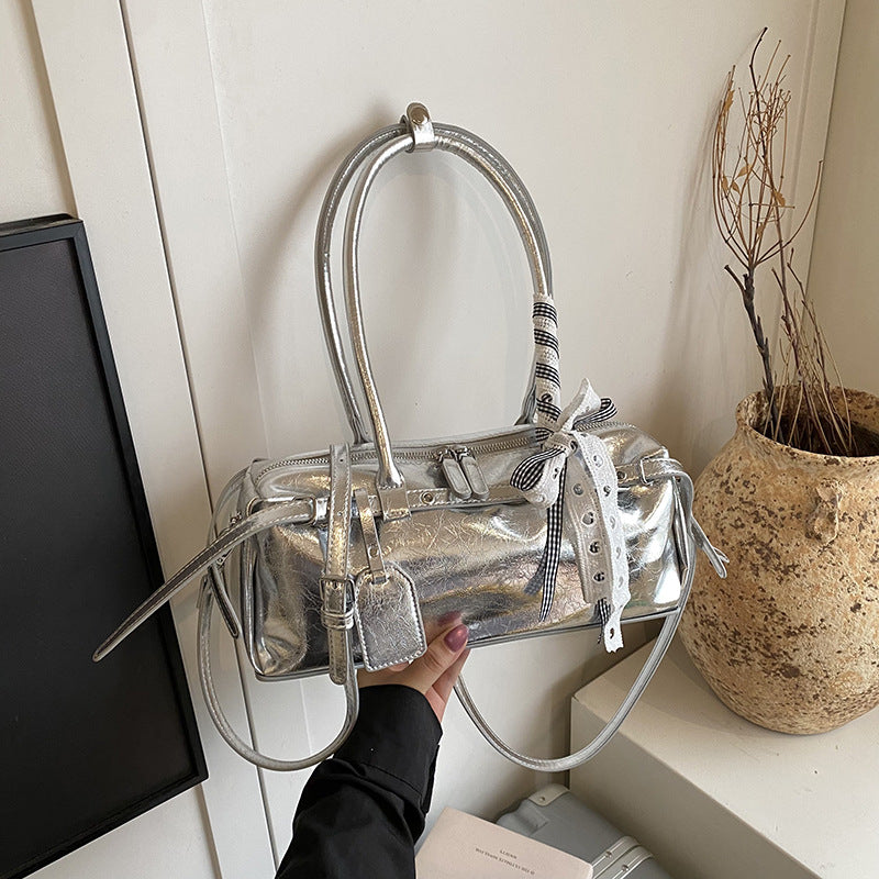 French Stick Solid Color High Quality Silver PU Shoulder Bag