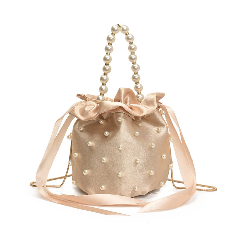 Luxury Women's Nylon Nude Color Handbag With Pearl Decoration
