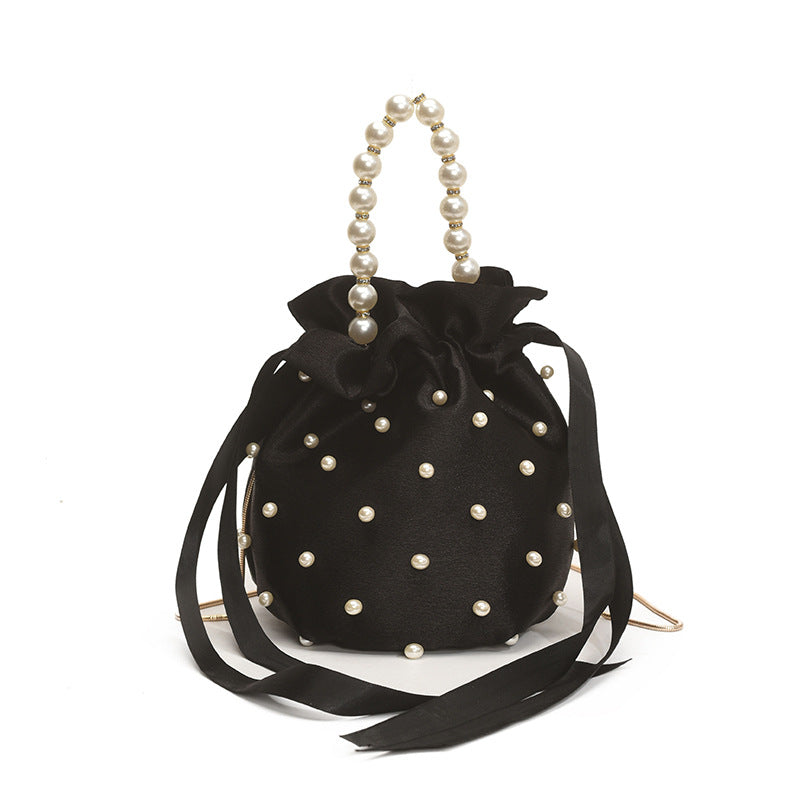 Luxury Women's Nylon Nude Color Handbag With Pearl Decoration