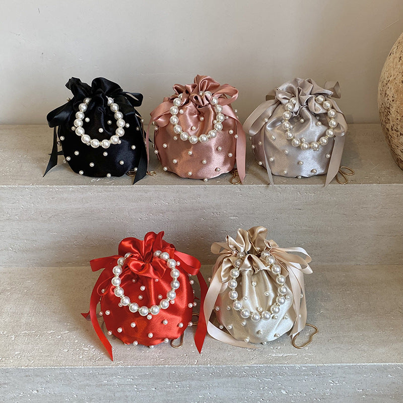 Luxury Women's Nylon Nude Color Handbag With Pearl Decoration