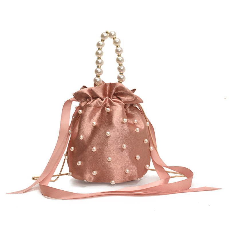 Luxury Women's Nylon Nude Color Handbag With Pearl Decoration