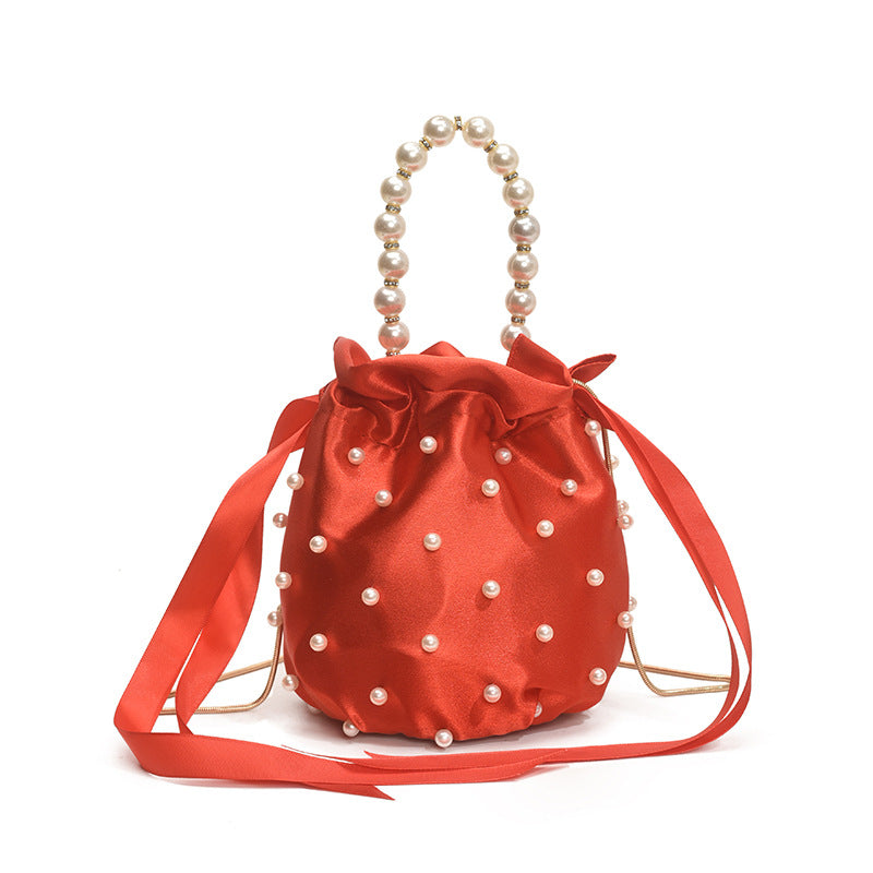 Luxury Women's Nylon Nude Color Handbag With Pearl Decoration