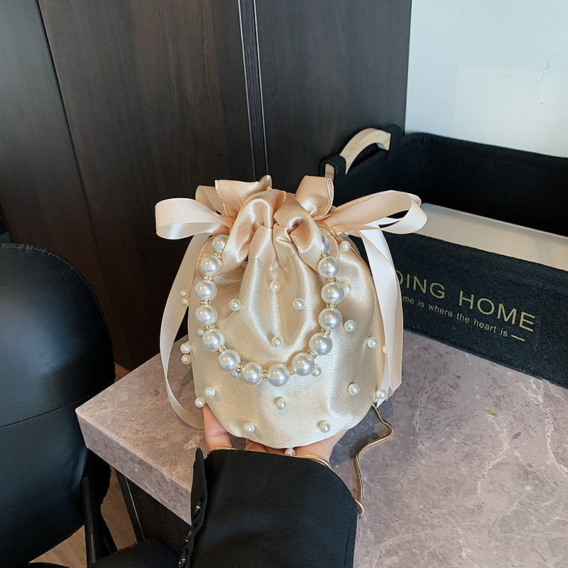 Luxury Women's Nylon Nude Color Handbag With Pearl Decoration