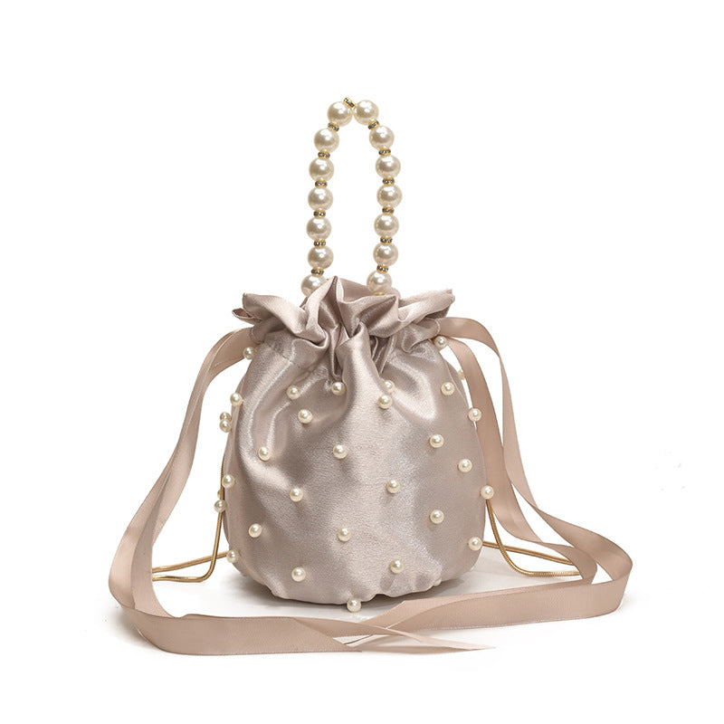 Luxury Women's Nylon Nude Color Handbag With Pearl Decoration