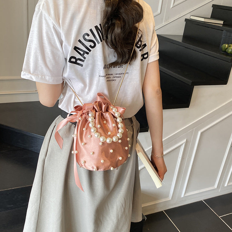 Luxury Women's Nylon Nude Color Handbag With Pearl Decoration