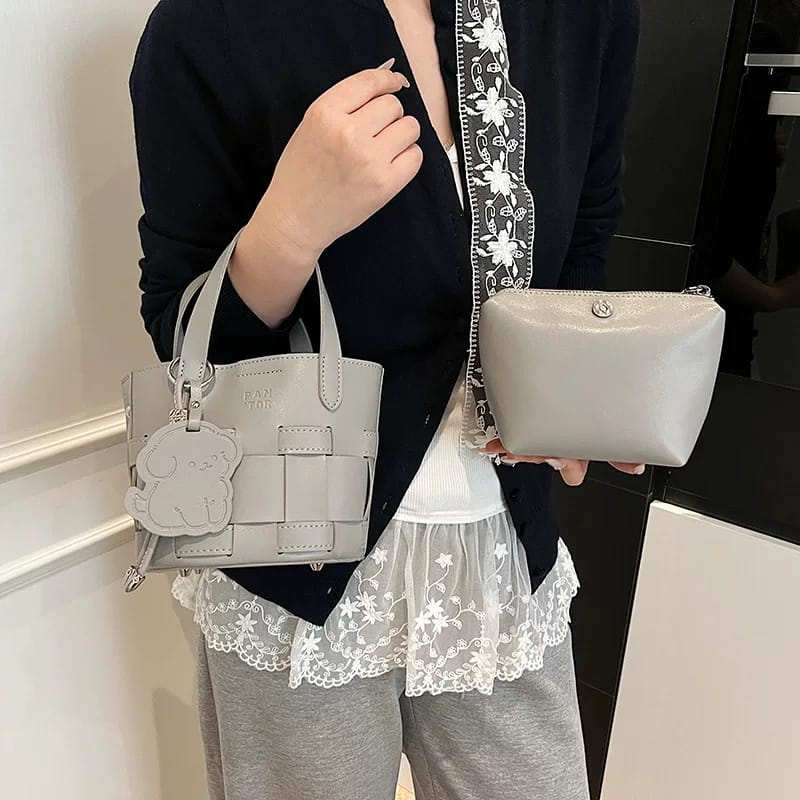 Chic Woven Bucket Designer Inspired Shoulder Gray Bag
