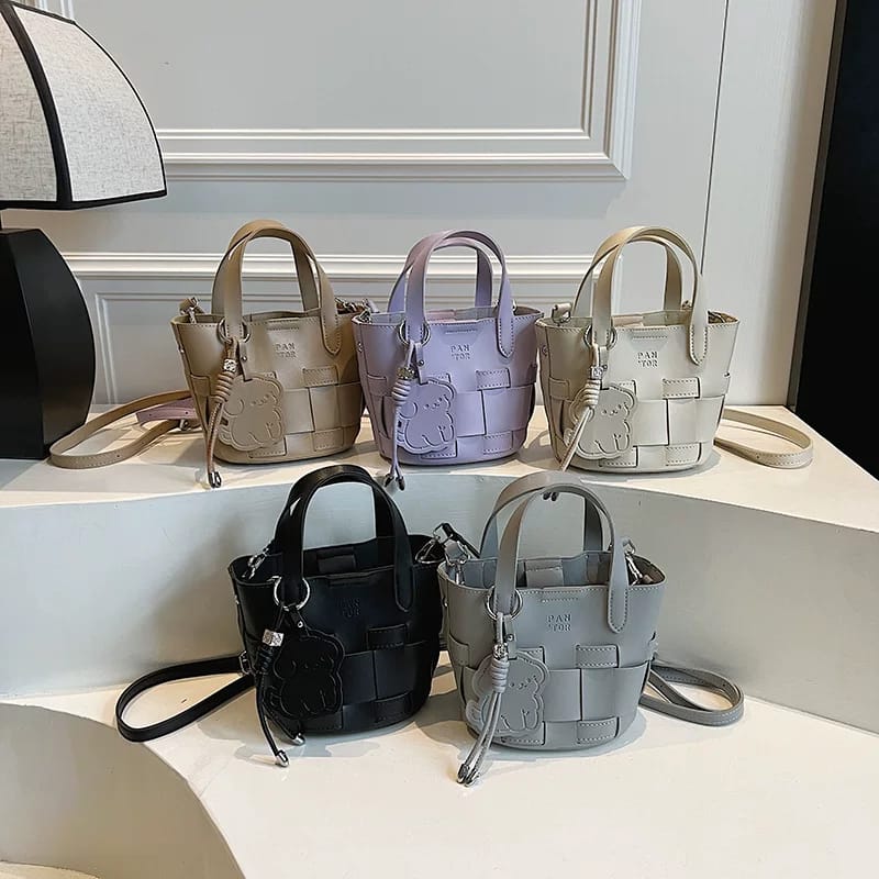 Chic Woven Bucket Designer Inspired Shoulder Gray Bag