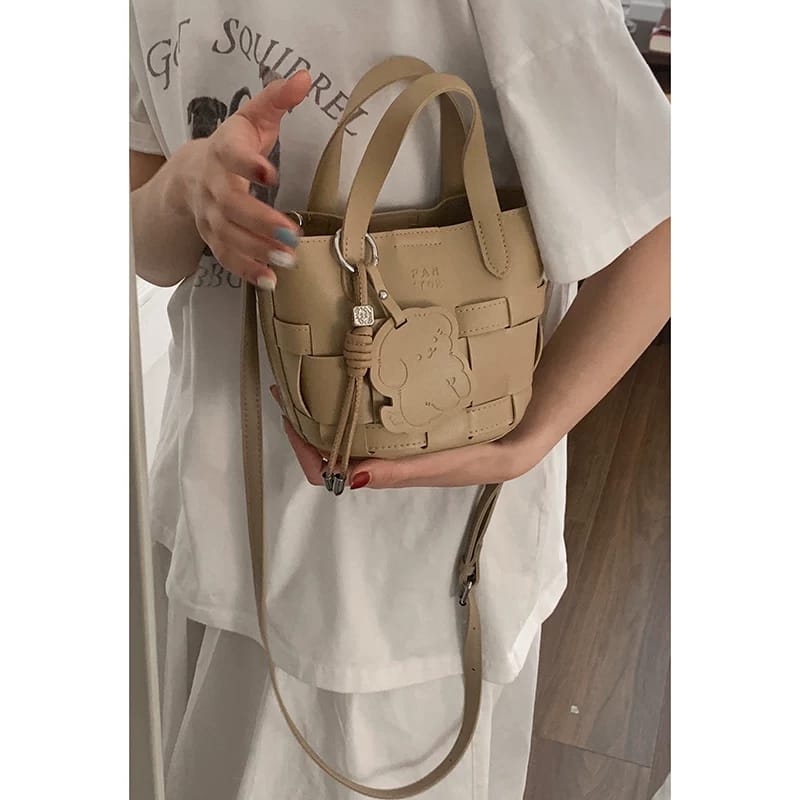Chic Woven Bucket Designer Inspired Shoulder Gray Bag