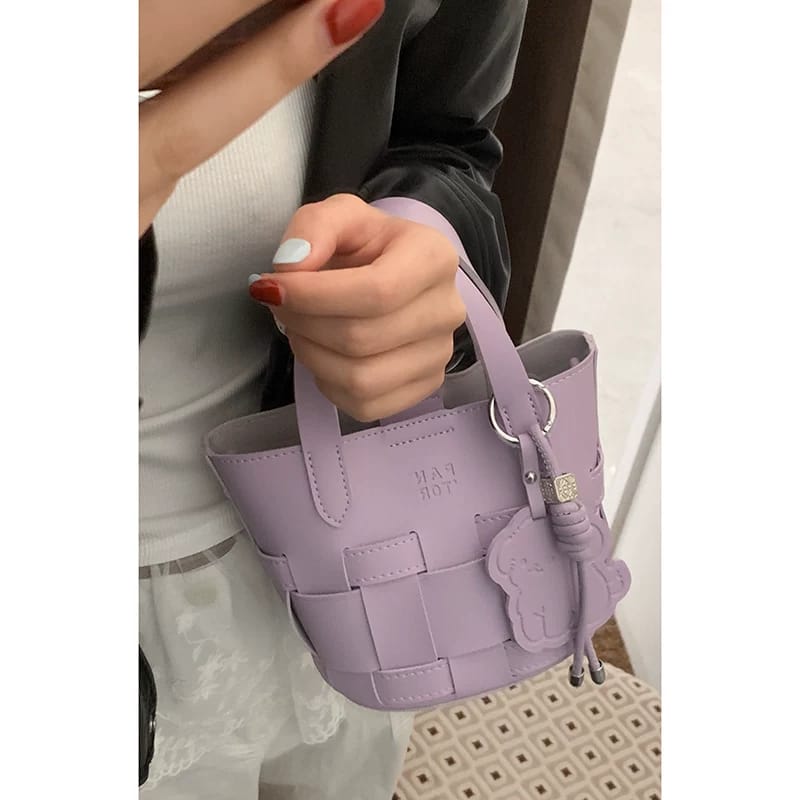 Chic Woven Bucket Designer Inspired Shoulder Gray Bag