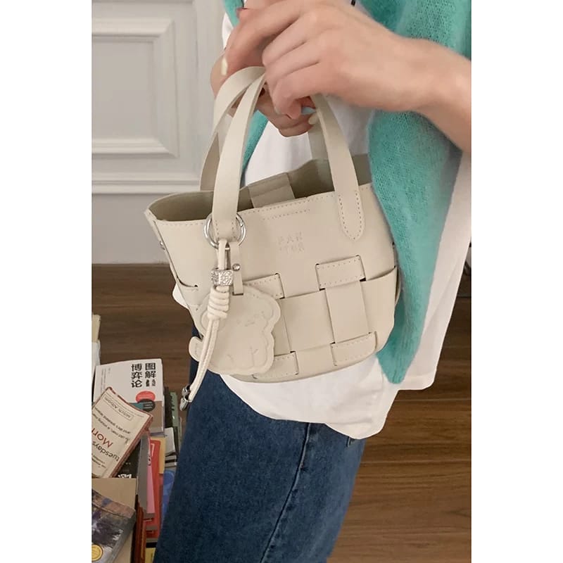 Chic Woven Bucket Designer Inspired Shoulder Gray Bag