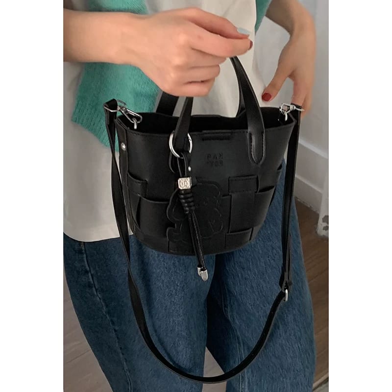 Chic Woven Bucket Designer Inspired Shoulder Gray Bag