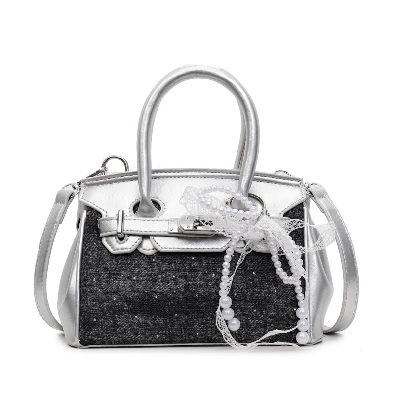 Top Handle Denim Panel Faux Leather Crossbody Bag With Bag Charm
