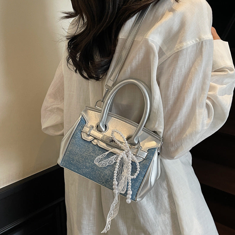 Top Handle Denim Panel Faux Leather Crossbody Bag With Bag Charm