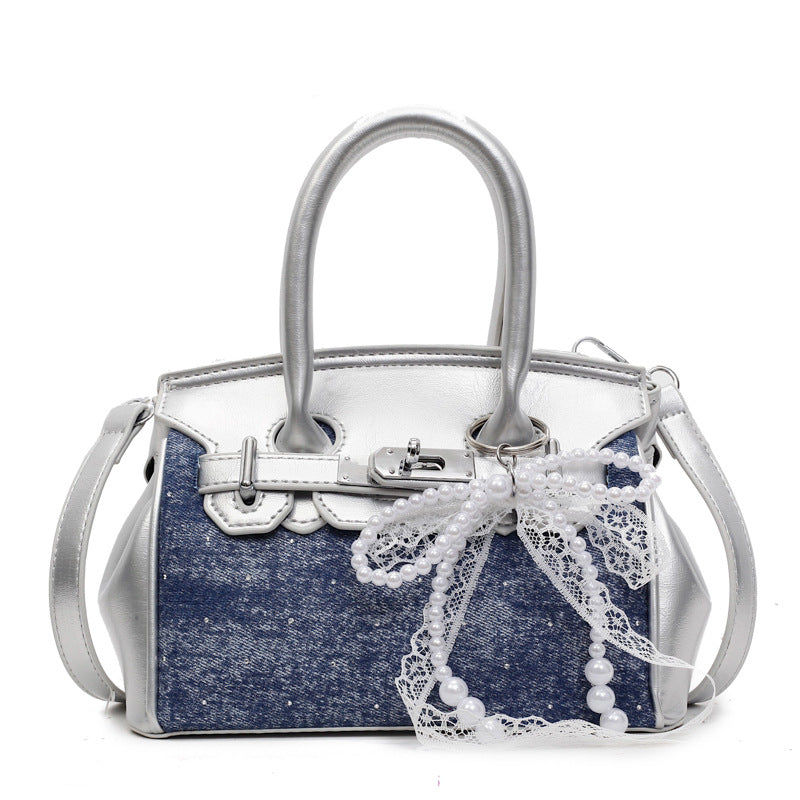 Top Handle Denim Panel Faux Leather Crossbody Bag With Bag Charm