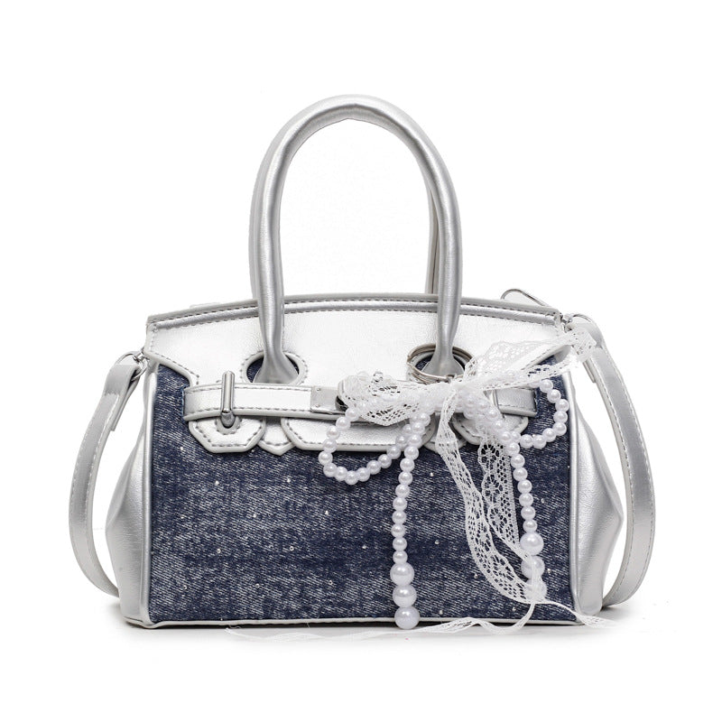 Top Handle Denim Panel Faux Leather Crossbody Bag With Bag Charm