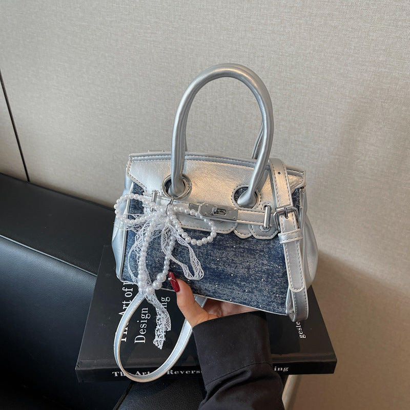 Top Handle Denim Panel Faux Leather Crossbody Bag With Bag Charm