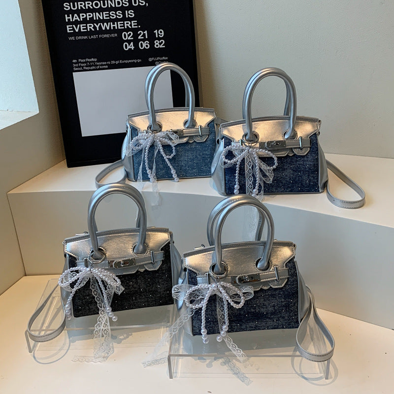 Top Handle Denim Panel Faux Leather Crossbody Bag With Bag Charm