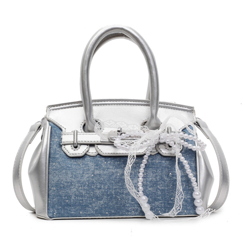 Top Handle Denim Panel Faux Leather Crossbody Bag With Bag Charm
