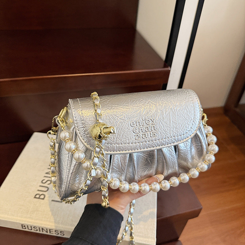 Solid Pearl Pleated Underarm Women Elegant Commuter Outdoor Bag