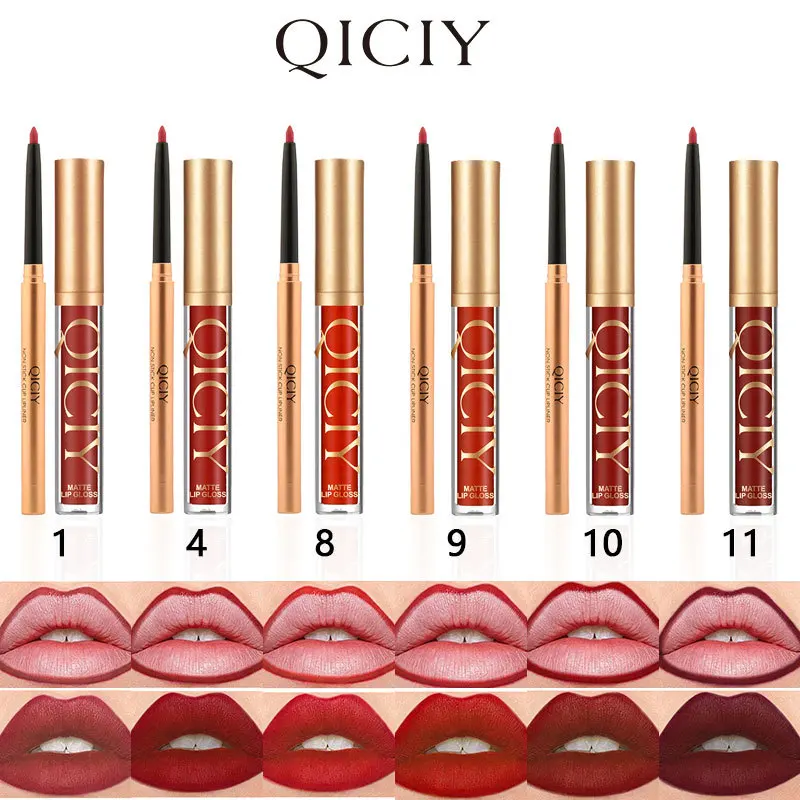QICIY Lip Gloss Lip & Liner Set Waterproof Matte Easy Coloring Lipstick Set