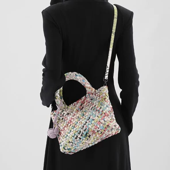 Multicolor Fringed Woven Raffia Shoulder Bag