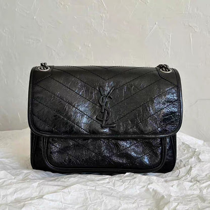 Saint Laurent Black Niki Medium Ysl-Plaque Leather Shoulder Bag