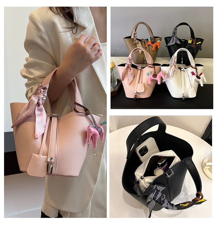 White Large Capacity PU Leather Bucket Bag