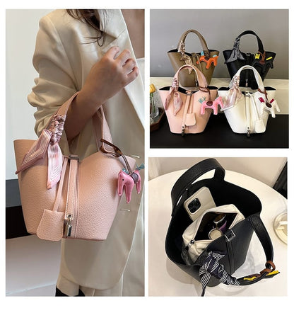White Large Capacity PU Leather Bucket Bag