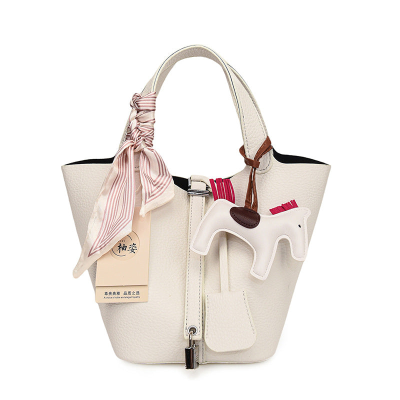 White Large Capacity PU Leather Bucket Bag