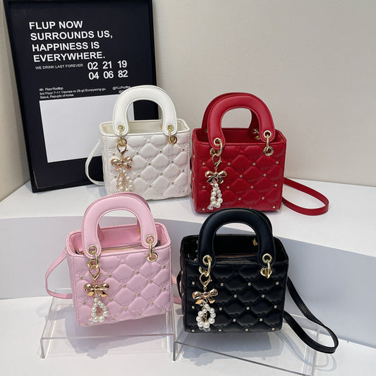 Square Fashion Dia Check Pearl Shoulder Crossbody Bag