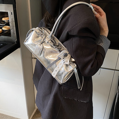 French Stick Solid Color High Quality Silver PU Shoulder Bag