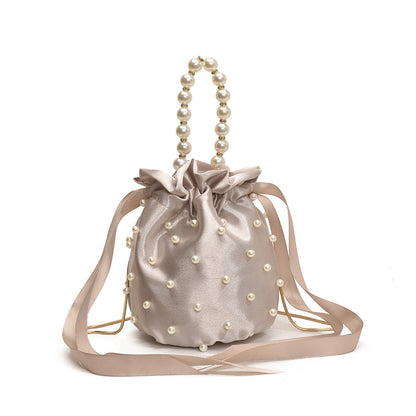 Luxury Women's Nylon Nude Color Handbag With Pearl Decoration