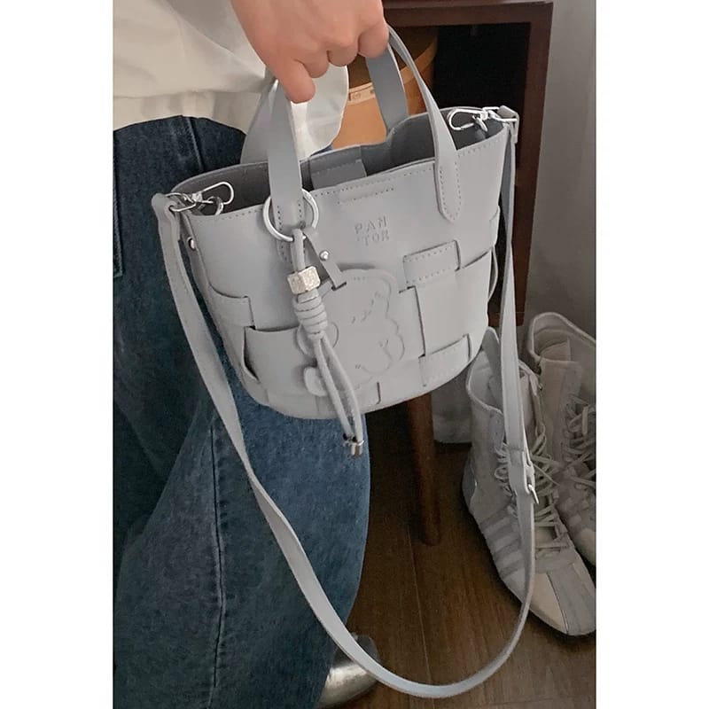 Chic Woven Bucket Designer Inspired Shoulder Gray Bag