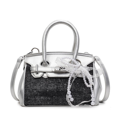 Top Handle Denim Panel Faux Leather Crossbody Bag With Bag Charm