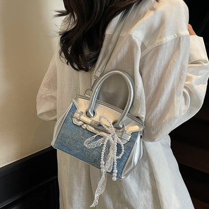 Top Handle Denim Panel Faux Leather Crossbody Bag With Bag Charm