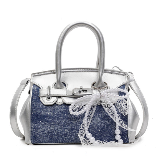 Top Handle Denim Panel Faux Leather Crossbody Bag With Bag Charm