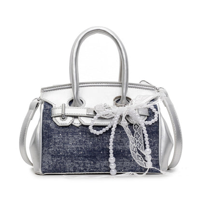Top Handle Denim Panel Faux Leather Crossbody Bag With Bag Charm