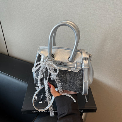 Top Handle Denim Panel Faux Leather Crossbody Bag With Bag Charm